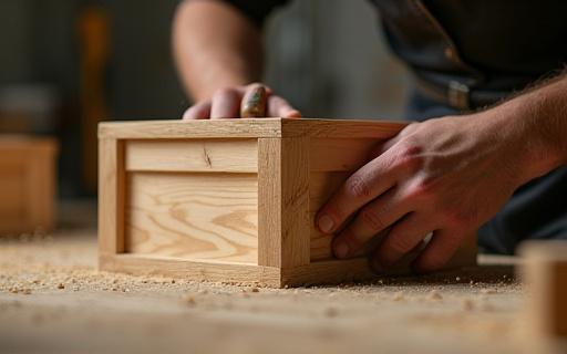 Artigiano che costruisce una cassa di legno su misura per un'opera d'arte.